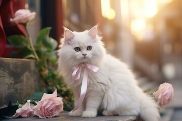 Wall Mural - Cute white empty kitten of the Turkish Angora or Ragdoll breed. Cat with blue eyes and pink bow around his neck. Background with pet and flowers. Spring concept.