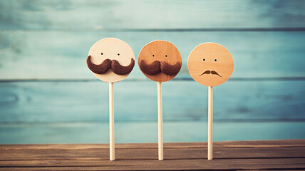 Four cute toy men shaped of wooden circle with moustaches on stick with blue background. Supporting the Movember movement within initiatives focused on men's health. Banner with copy space