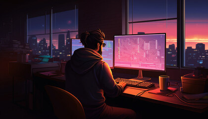 programmer types code on computer in room made with generative AI