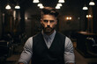 © tiena - Handsome man portrait. Young bearded man in a barbershop. AI generated