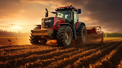 Wall Mural - Field Plowing with a Tractor at Sunrise