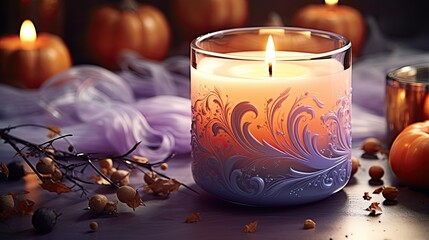 Wall Mural - Old decorative Halloween candle with yellow flames. Symbol of tradition and holiday.