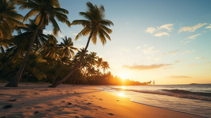 Coconut trees gently swaying with the white sandy beach as their backdrop