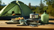 Cooking tools against the backdrop of a morning tent scene