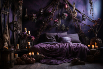 Wall Mural - Various styles of rooms and tables decorated for festive, spooky, Gothic, Halloween fun.