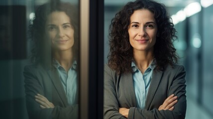 successful businesswoman stands in front of a camera in her creative workplace. happy female entrepreneur in a co working space. 