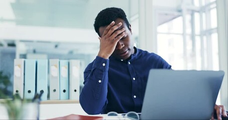 Business man, headache and pain on computer for stock market crash, bankruptcy and web mistake or news. Worker, african person or trader with glasses, frustrated or stress for trading fail on laptop