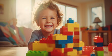 Happy European Kid Having Fun Playing With Toy Bricks Constructor At Home. Creative Wallpaper, Activity For Children, Happy Emotion.