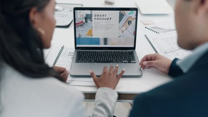 Laptop screen, man and woman on website for market research in office, online review and information analysis..Business people, internet search on computer and reading article for proposal from back.