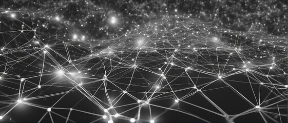 Random complex mesh wireframe network in black and white representing digital world