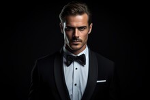 Stylish Man In Suit With Bow Tie On Dark Background