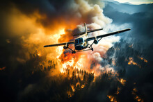 Fire Fighting Helicopter O Firefighting Plane Dropping Water On Wildfire. Disaster Forest Burning