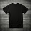© NASYX - black t-shirt mock-up , flat lay on a dark wood background , aerial view , blank t-shirt template