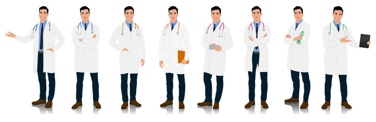 Poster - Hand-drawn healthcare worker. Happy smiling doctor with a stethoscope. A doctor in a white coat poses. Different color options. Vector flat style illustration set isolated on white	