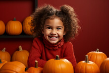Portrait Of A Little Girl With Red Sweater With Pumpkins