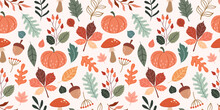 Autumn Colorful Seamless Pattern With Leaves, Mushrooms, Pumpkins, Rose Hips And Acorns