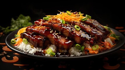 Wall Mural - white rice with teriyaki beef and cut vegetables on a plate with black and blurry background