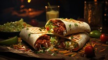 Full Of Burritos With Vegetables And Meat On A Wooden Table With Blurred Background
