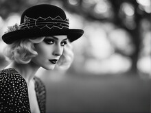 Moody Black And White Portrait Of1920s Flapper Woman With Elegant Hat