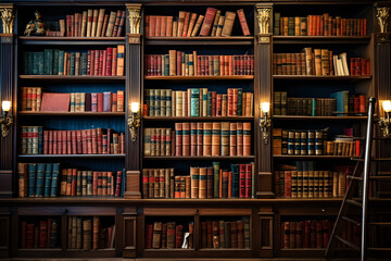 Classical library room with old books on shelves. Bookshelves in the library. Large bookcase with lots of books. 