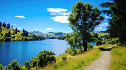 Sticker - Towering trees, rolling hills, sparkling lake.