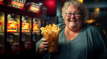 Middle Aged Woman Holding A Bucket Of French Fries From A Food Truck At A Carnival