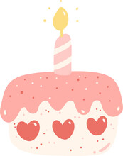Birthday Cake, Cute Pink Sweet Flat Design Illustration
