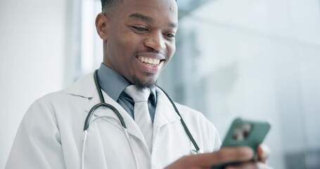 Canvas Print - Man, smartphone and doctor typing in hospital for online contact, reading healthcare notification or telehealth info. Happy medical worker, african surgeon and research mobile app for digital network