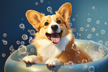 A Funny Picture Of A Welsh Corgi Puppy Dog Taking A Bath With Soap Bubbles. Pet. Animal. Illustration, Generative AI