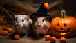 2 guinea pigs standing next to halloween pumpkins