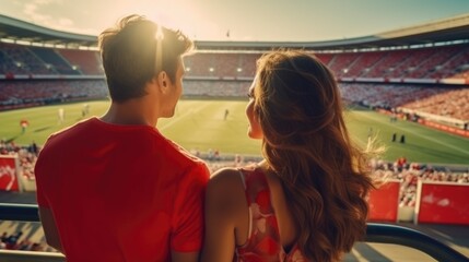 sweet couple cheer their football team at football stadium.