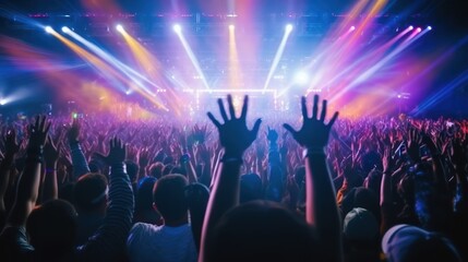 Wall Mural - Hand up crowd of people dancing at concert