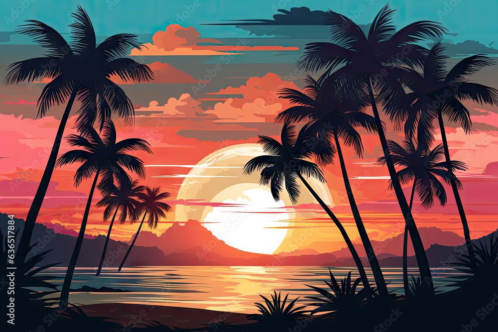 Tropical Sunset beach scene with palm trees. Vintage retro poster Stock ...