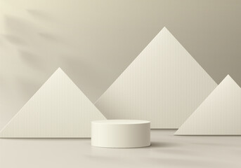 Abstract 3D cream beige cylinder pedestal podium background with triangles backdrop wall scene. Minimal mockup or product display presentation, Stage showcase. Platforms vector geometric design.