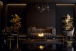 Luxury classical style elegancer black living room interior 3d render ,There are black marble floor black leather furniture ,decorated with golden plam tree