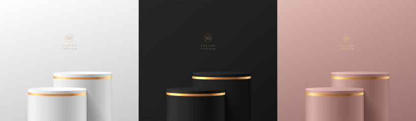 Set of 3D abstract cylinder stand podium background in black, golden, silver and pink gold color. Minimal scene mockup product display presentation, Stage showcase. Platforms vector geometric design.