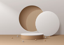 Abstract 3D Brown And White Cylinder Pedestal Podium Background With Panel Wood Pattern In Round Window. Minimal Mockup Product Display Presentation, Stage Showcase. Platforms Vector Geometric Design.