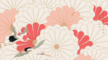 Abstract Art Landscape Banner Design With Crane Birds Banner Design Decoration. Red Floral Icon And Symbol  Element In Asia Style. Flower Pattern Banner Design In Vintage Style.