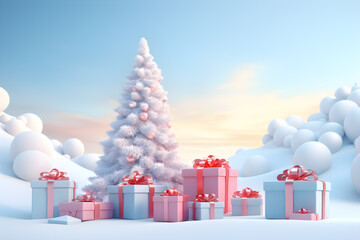 Wall Mural - 3d Christmas gifts box presents decoration in winter landscape snow scene, in the style of light pastel design, AI generate