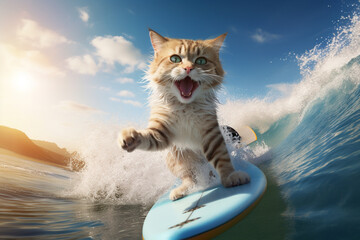 Wall Mural - The surfboarding cat. This cat combines courage and recklessness, approaching hobbies with an adventurous spirit and no fear.