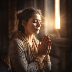 Wall Mural - woman prayer sitting in church. man praying for god in the church and Jesus giving blessing. Thank you to God for great is your love. Faith in religion and belief in God. Generative ai