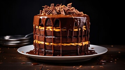  a chocolate cake with caramel drizzle and chocolate icing.  generative ai