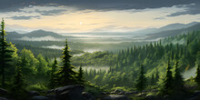 Photo Realistic Illustration Of Mountains Forest Fog Morning Mystic. Graphic Art