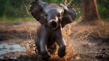  A Baby Elephant Is Running Through The Mud In The Wild.  Generative Ai