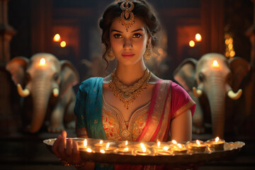 Indian woman holding diya or oil lamp in hand. diwali festival concept.