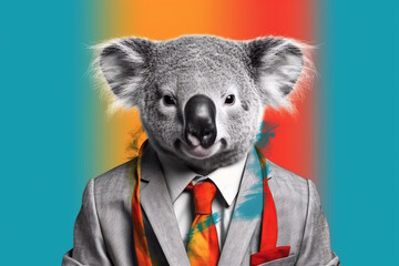 Wall Mural - Koala in Stylish Colorful Business Suit, Playful and Colorful Concept in a Simple Plain Background, Concept for Creative Marketing and Branding. Generative AI