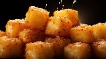Close-up Crispy Tater Tots With Savory Salty Spices On Wooden Table With Black And Blur Background