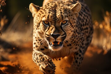 Wall Mural - large cheetah charging directly at the camera (Generative AI)