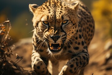 Wall Mural - large cheetah charging directly at the camera (Generative AI)