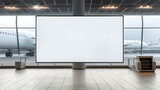 Blank billboard mockup in an airport with aeroplanes in the background, photo-realistic
